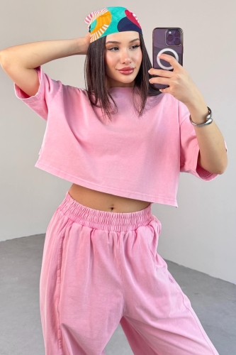 TKM-0057 Pembe Crop Tişört Şalvar Pantolon İkili Takım - Thumbnail