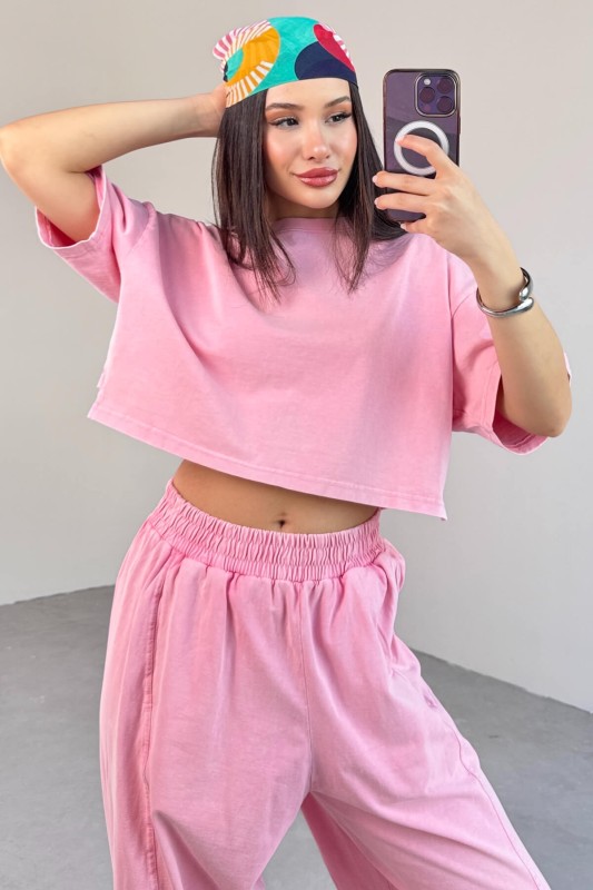 TKM-0057 Pembe Crop Tişört Şalvar Pantolon İkili Takım