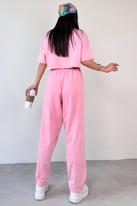 TKM-0057 Pembe Crop Tişört Şalvar Pantolon İkili Takım