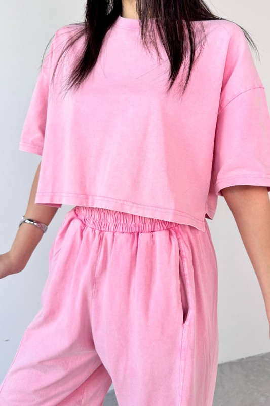 TKM-0057 Pembe Crop Tişört Şalvar Pantolon İkili Takım