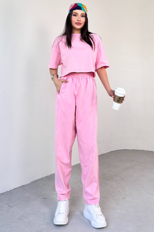 TKM-0057 Pembe Crop Tişört Şalvar Pantolon İkili Takım