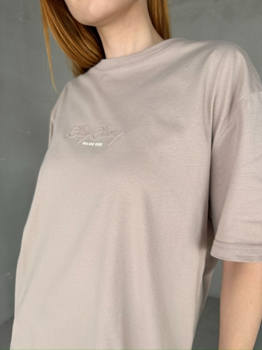 Cappmoda - TKM-0060 Taş Rengi Stay Strong Yazı Enjeksiyon Baskı Bisiklet Yaka Tişört İki İplik Palazzo Pantolon İkili Takım (1)