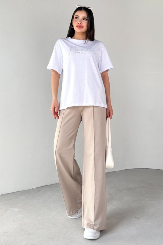 TKM-0065 Taş Rengi Touch The Soul Yazılı Enjeksiyon Baskılı Tişört Salaş Pantolon İkili Takım - 1