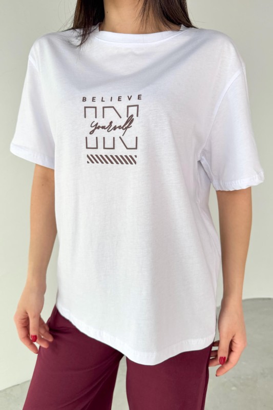 TKM-0066 Bordo Believe In Yourself Yazılı Enjeksiyon Baskılı Tişört Salaş Pantolon İkili Takım - 3