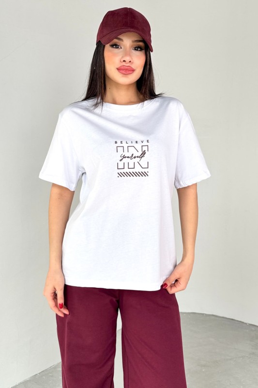 TKM-0066 Bordo Believe In Yourself Yazılı Enjeksiyon Baskılı Tişört Salaş Pantolon İkili Takım - 2