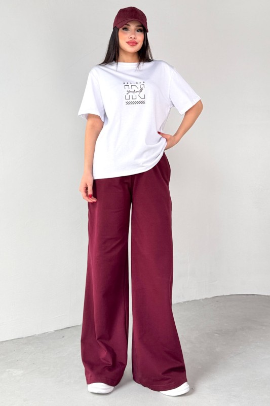 TKM-0066 Bordo Believe In Yourself Yazılı Enjeksiyon Baskılı Tişört Salaş Pantolon İkili Takım - 4