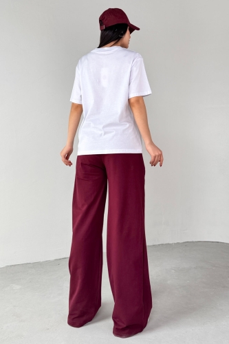 TKM-0066 Bordo Believe In Yourself Yazılı Enjeksiyon Baskılı Tişört Salaş Pantolon İkili Takım - 5