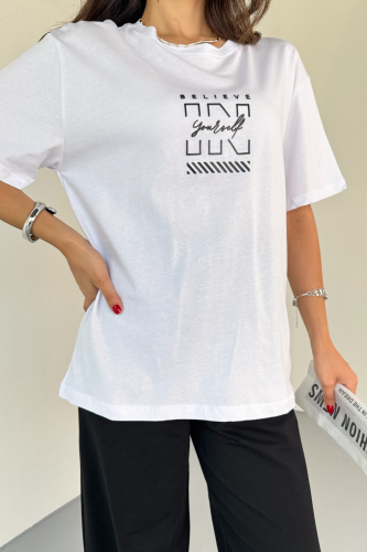 TKM-0066 Siyah Believe In Yourself Yazılı Enjeksiyon Baskılı Tişört Salaş Pantolon İkili Takım - 6