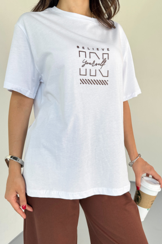 TKM-0066 Taba Believe In Yourself Yazılı Enjeksiyon Baskılı Tişört Salaş Pantolon İkili Takım - 6