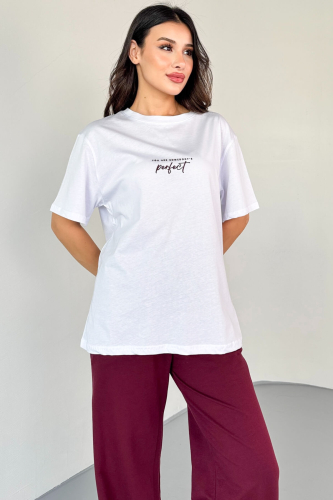 TKM-0067 Bordo Perfect Yazılı Enjeksiyon Baskılı Tişört Salaş Pantolon İkili Takım - 4