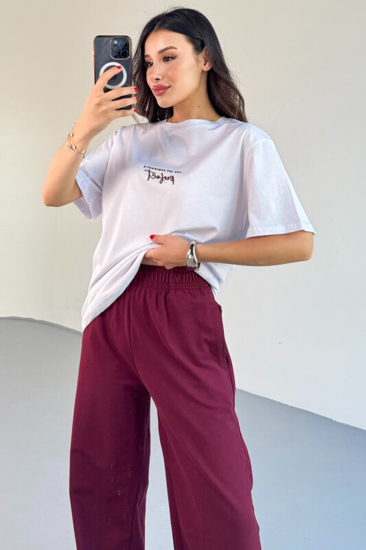 TKM-0067 Bordo Perfect Yazılı Enjeksiyon Baskılı Tişört Salaş Pantolon İkili Takım - 5