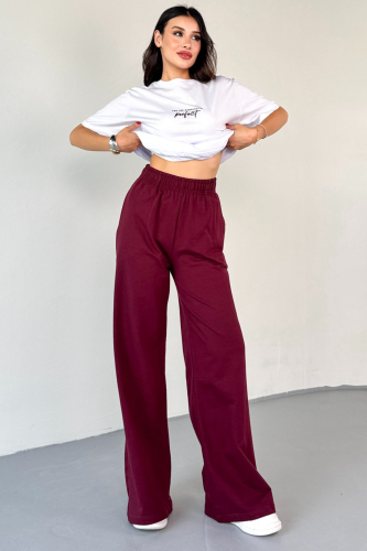 TKM-0067 Bordo Perfect Yazılı Enjeksiyon Baskılı Tişört Salaş Pantolon İkili Takım - 9