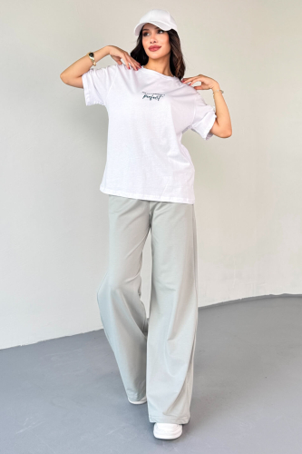 TKM-0067 Gri Perfect Yazılı Enjeksiyon Baskılı Tişört Salaş Pantolon İkili Takım 