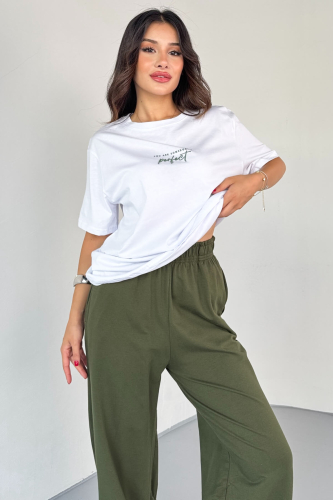 TKM-0067 Haki Perfect Yazılı Enjeksiyon Baskılı Tişört Salaş Pantolon İkili Takım - 4