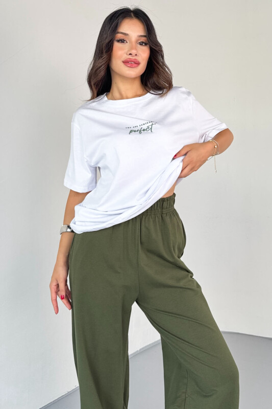 TKM-0067 Haki Perfect Yazılı Enjeksiyon Baskılı Tişört Salaş Pantolon İkili Takım - 4