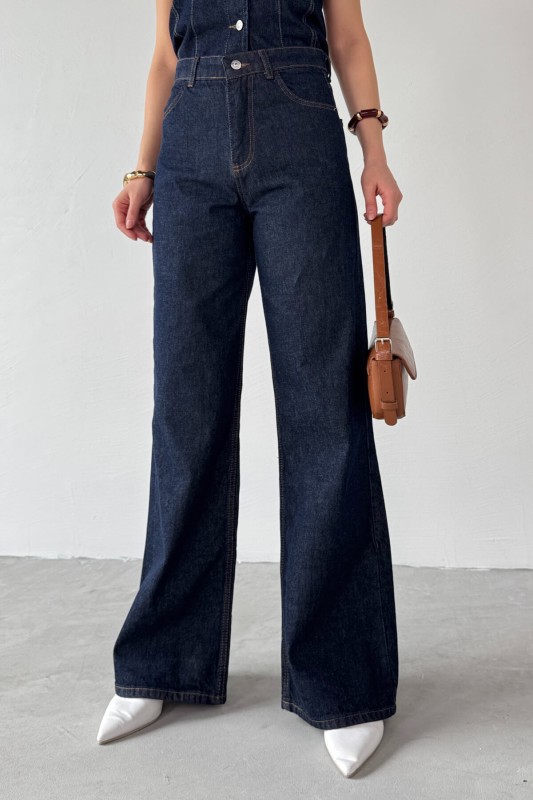 TKM-0176 Lacivert Denim Sıfır Kol Düğmeli Yelek Bol Paça Jean İkili Takım - 3