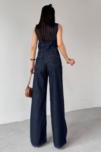 TKM-0176 Lacivert Denim Sıfır Kol Düğmeli Yelek Bol Paça Jean İkili Takım - 4