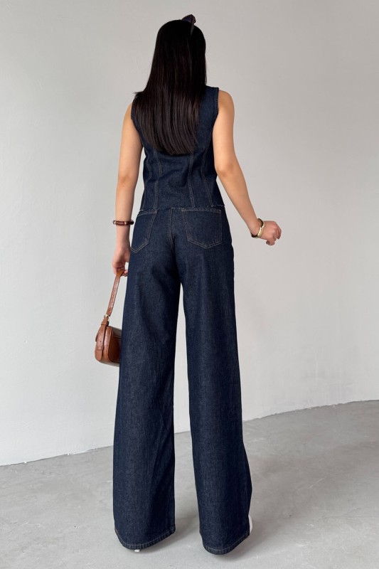 TKM-0176 Lacivert Denim Sıfır Kol Düğmeli Yelek Bol Paça Jean İkili Takım - 4