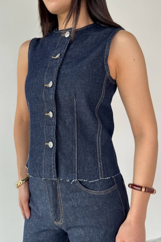TKM-0176 Lacivert Denim Sıfır Kol Düğmeli Yelek Bol Paça Jean İkili Takım - 5