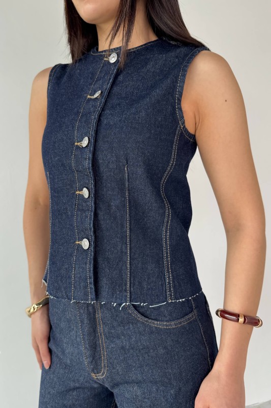 TKM-0176 Lacivert Denim Sıfır Kol Düğmeli Yelek Bol Paça Jean İkili Takım - 5