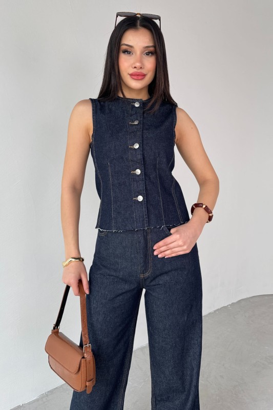 TKM-0176 Lacivert Denim Sıfır Kol Düğmeli Yelek Bol Paça Jean İkili Takım - 2