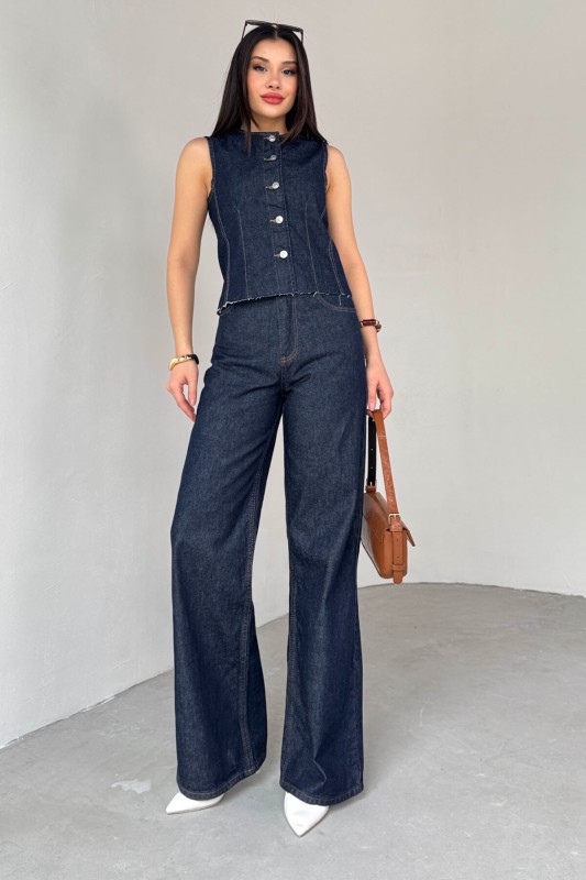 TKM-0176 Lacivert Denim Sıfır Kol Düğmeli Yelek Bol Paça Jean İkili Takım - 6