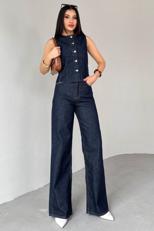 TKM-0176 Lacivert Denim Sıfır Kol Düğmeli Yelek Bol Paça Jean İkili Takım - 1