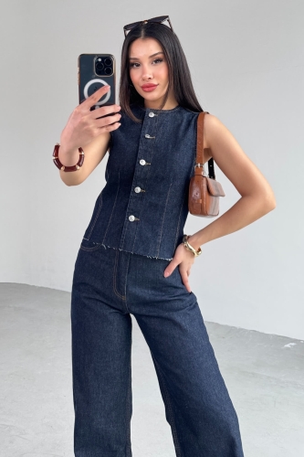 TKM-0176 Lacivert Denim Sıfır Kol Düğmeli Yelek Bol Paça Jean İkili Takım - 7