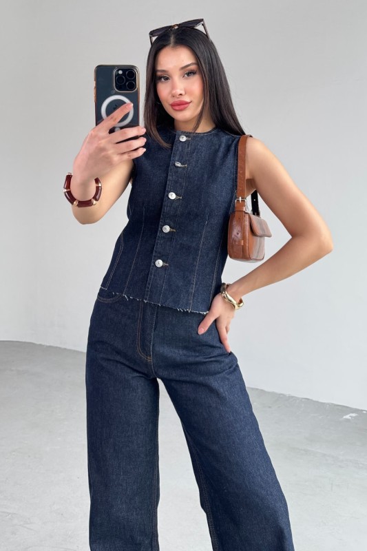 TKM-0176 Lacivert Denim Sıfır Kol Düğmeli Yelek Bol Paça Jean İkili Takım - 7
