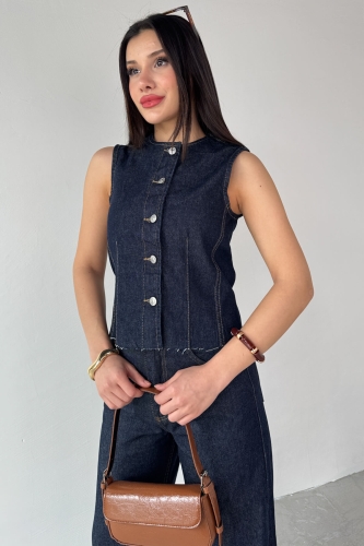 TKM-0176 Lacivert Denim Sıfır Kol Düğmeli Yelek Bol Paça Jean İkili Takım - 8
