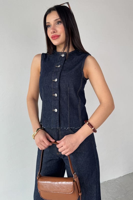 TKM-0176 Lacivert Denim Sıfır Kol Düğmeli Yelek Bol Paça Jean İkili Takım - 8