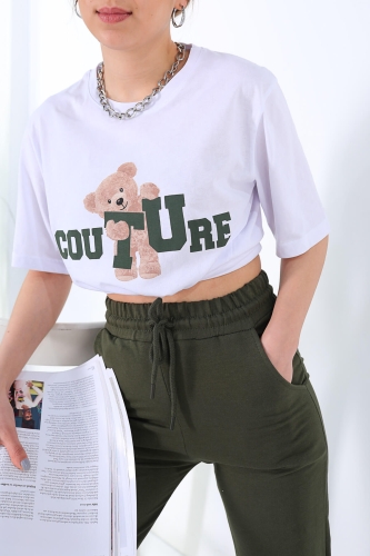 TKM-03250 Haki Couture Ayıcık Baskılı Tişört Jogger İkili Takım - Thumbnail