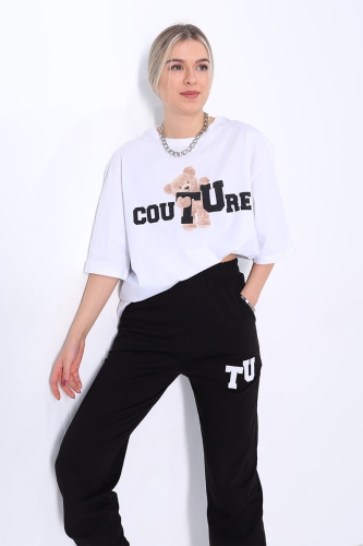 Cappmoda - TKM-03250 Siyah Couture Ayıcık Baskılı Tişört Jogger İkili Takım (1)