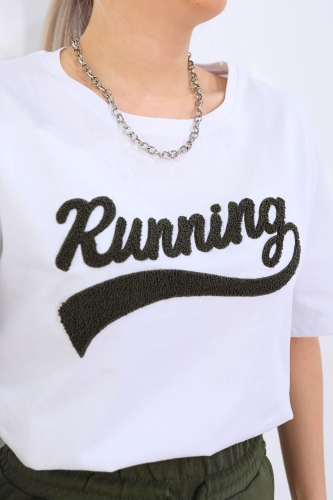 TKM-03256 Haki Running Süzene Nakışlı Tişört Eşofman İkili Takım - Thumbnail