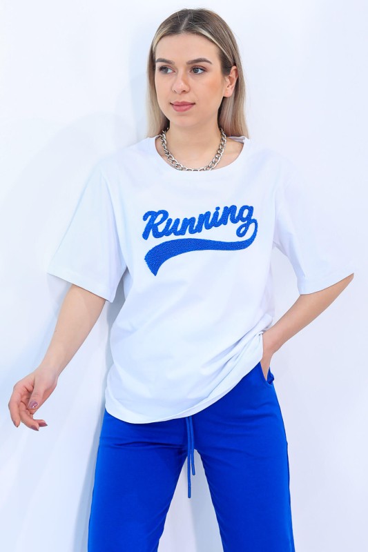 TKM-03256 Saks Mavisi Running Süzene Nakışlı Tişört Eşofman İkili Takım