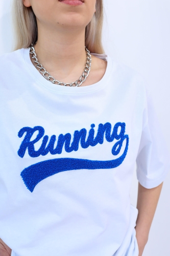 TKM-03256 Saks Mavisi Running Süzene Nakışlı Tişört Eşofman İkili Takım - Thumbnail