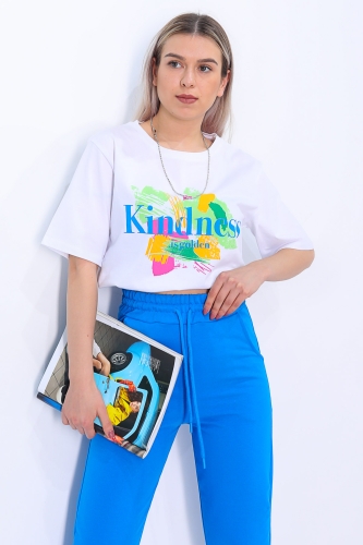 Cappmoda - TKM-03258 Mavi Renkli Kindness Yazı Baskılı Tişört Eşofman İkili Takım (1)