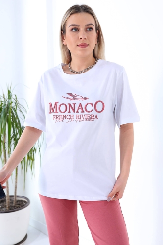 Cappmoda - TKM-03264 Gül Kurusu Monaco Yazı Nakışlı Tişört Eşofman İkili Takım (1)