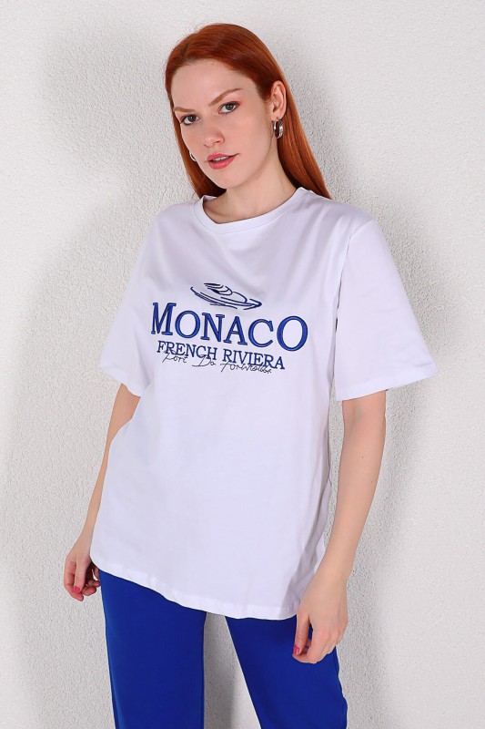 TKM-03264 Saks Mavisi Monaco Yazı Nakışlı Tişört Eşofman İkili Takım