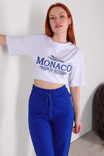 TKM-03264 Saks Mavisi Monaco Yazı Nakışlı Tişört Eşofman İkili Takım - Thumbnail