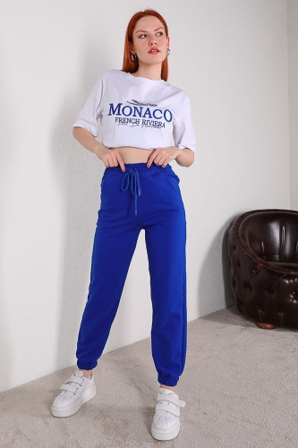 Cappmoda - TKM-03264 Saks Mavisi Monaco Yazı Nakışlı Tişört Eşofman İkili Takım (1)