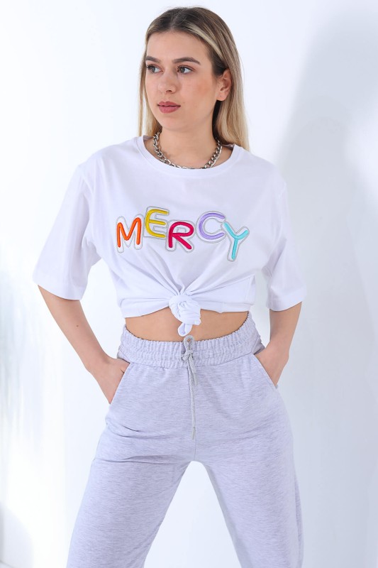 TKM-03269 Gri Mercy Yazı Nakışlı Tişört Eşofman İkili Takım