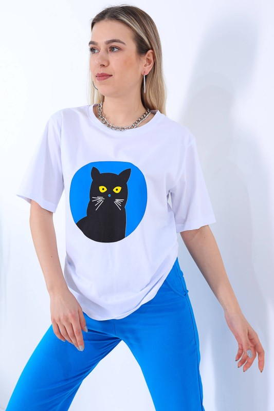 TKM-03270 Mavi Kara Kedi Baskılı Tişört Eşofman İkili Takım