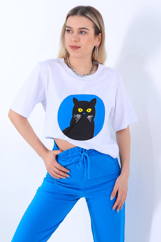 TKM-03270 Mavi Kara Kedi Baskılı Tişört Eşofman İkili Takım