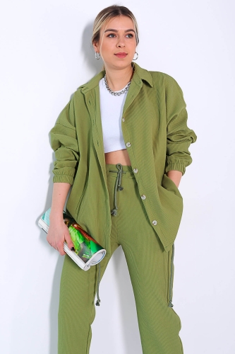 Cappmoda - TKM-03274 Yeşil Gofret Kumaş Düğmeli Ceket Pantolon İkili Takım (1)