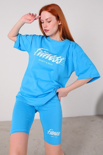TKM-03281 Mavi Fitness Yazı Baskılı Tişört Şort İkili Takım - Thumbnail