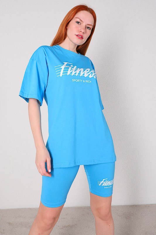 TKM-03281 Mavi Fitness Yazı Baskılı Tişört Şort İkili Takım