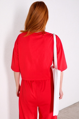 TKM-03285 Kırmızı Salaş Basic Yırtmaçlı Pantolon İkili Takım - Thumbnail
