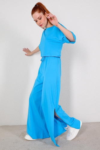 TKM-03285 Mavi Salaş Basic Yırtmaçlı Pantolon İkili Takım - Thumbnail