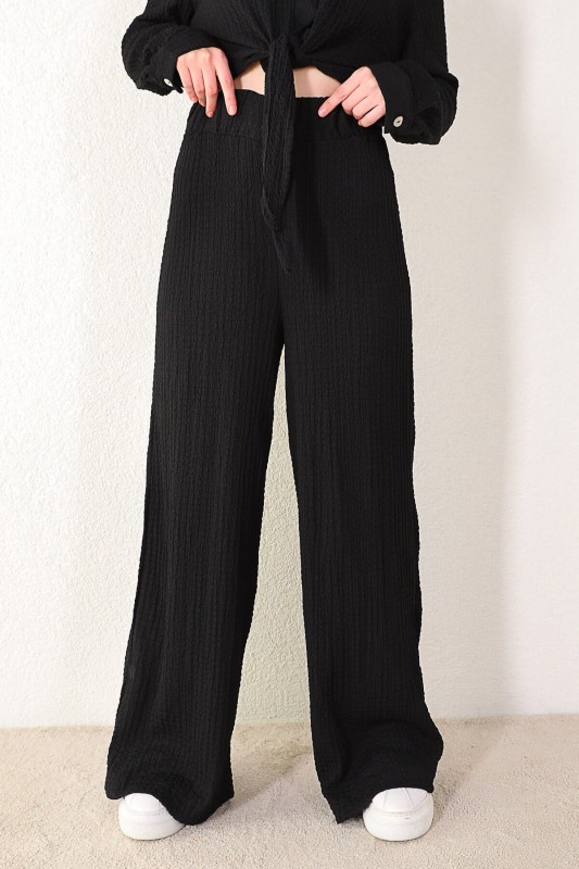 TKM-03292 Siyah Bağlamalı Gofre Kumaş Gömlek Pantolon İkili Takım